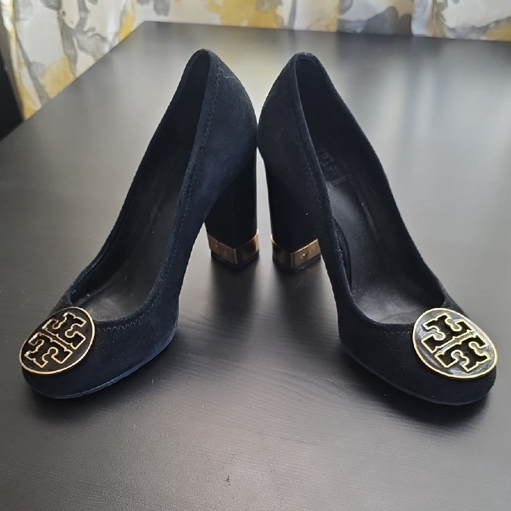 Tory Burch Suede Black Pumps with Gold Accents Chunky Heel
